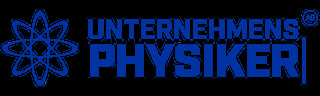 Unternehmens Physiker logo with blue atom symbol and text on dark background